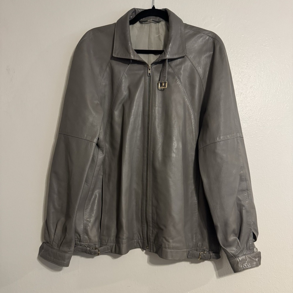 YANKO Vtg Leather Bomber Jacket Mens Large Soft Nappa Gray Beige Biker Rare Moto